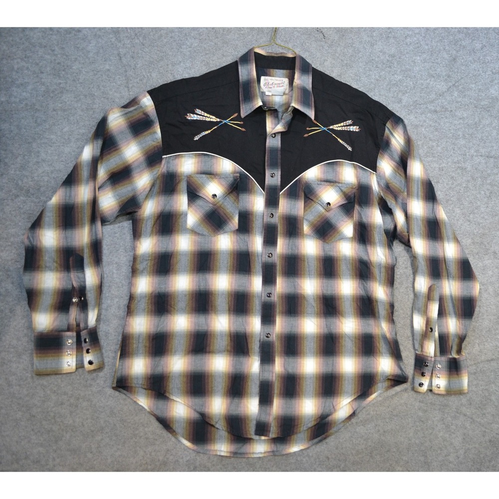 Rockmount Ranch Wear Shirt Mens L Brown Plaid Western Arrow Embroidered Snap